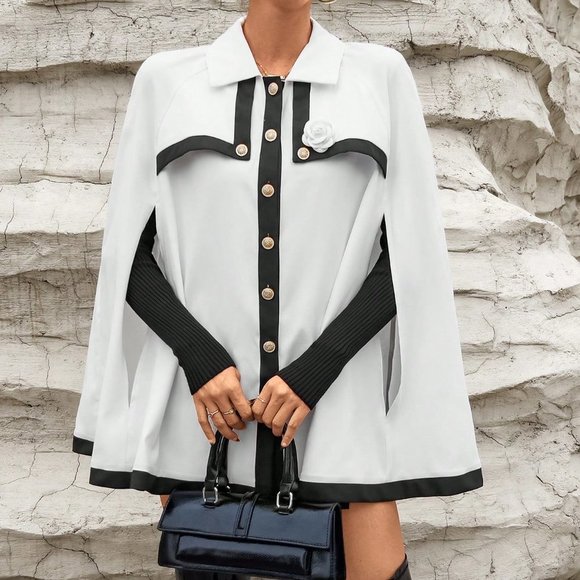 . Jackets & Blazers - White Preppy Womens Contrast Trim Cloak Sleeve Cape Coat